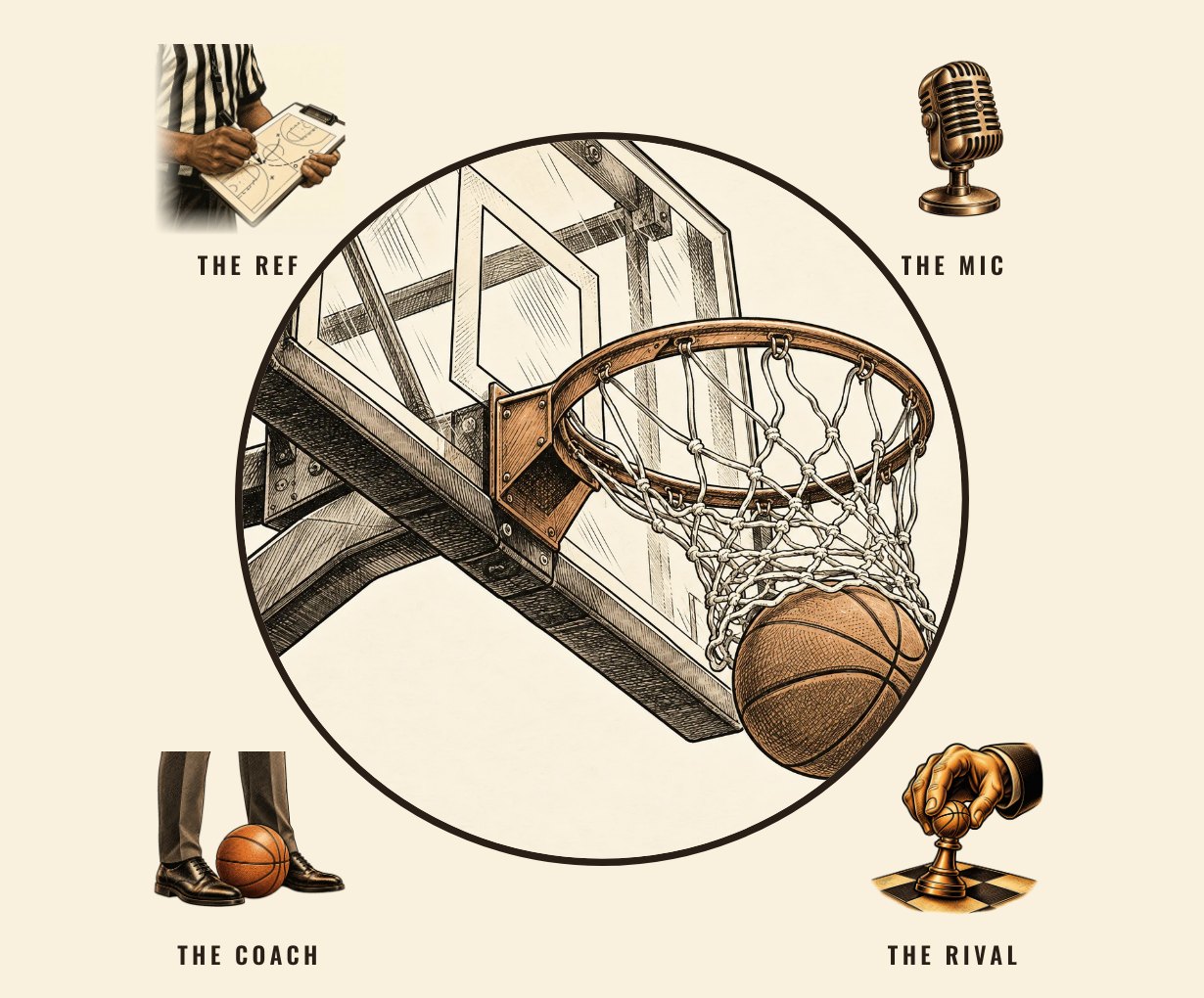 Backboard: the hoop, with the Ref, the Mic, the Coach and the Rival. Download Backboard on the App Store